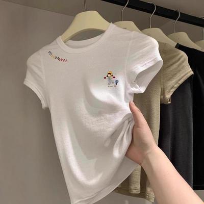 白色短袖t恤女正肩夏季显瘦设计感小众修身独特漂亮短款上衣韩系