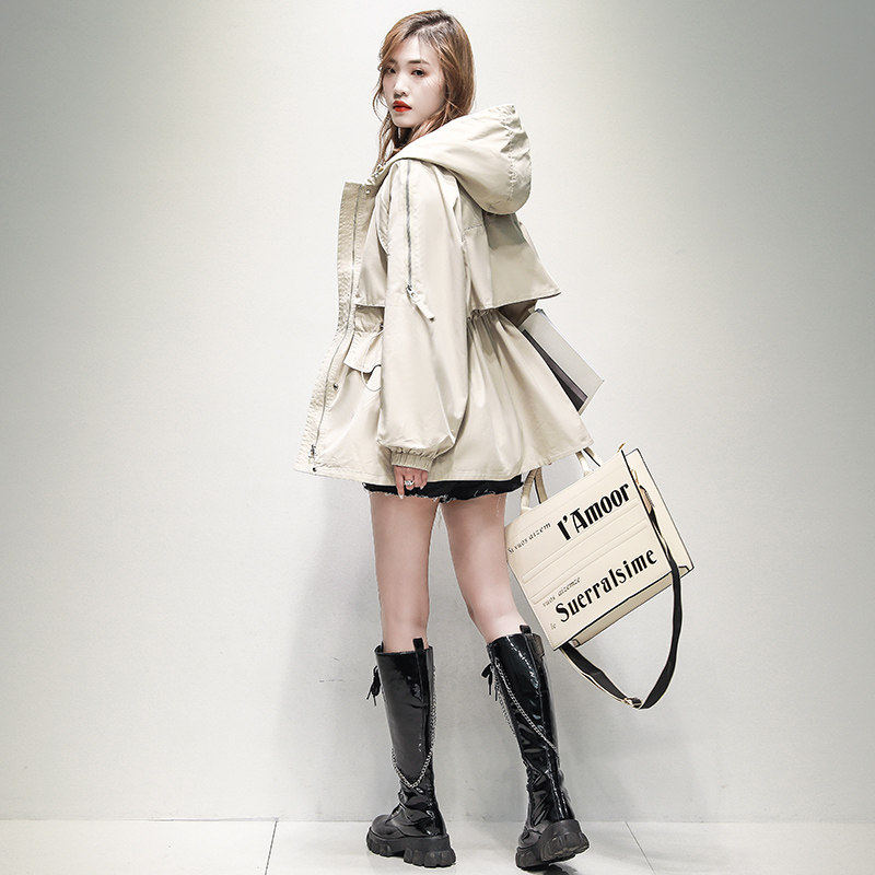 初春风衣女中长款小个子春秋新款韩版宽松收腰显瘦连帽工装外套潮