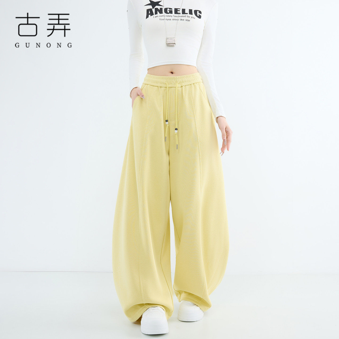 百搭抽绳阔腿卫裤女2026春季新款高腰垂感宽松慵懒风休闲运动长裤