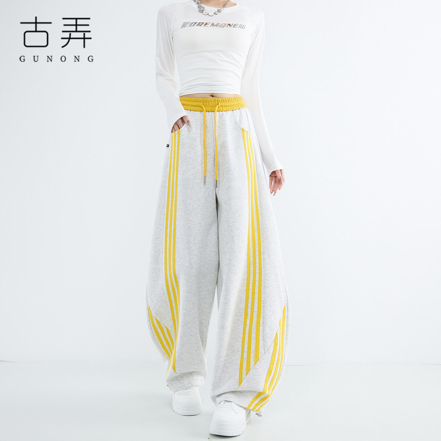 美式撞色条纹阔腿卫裤女2026春季高腰抽绳宽松慵懒风休闲运动长裤