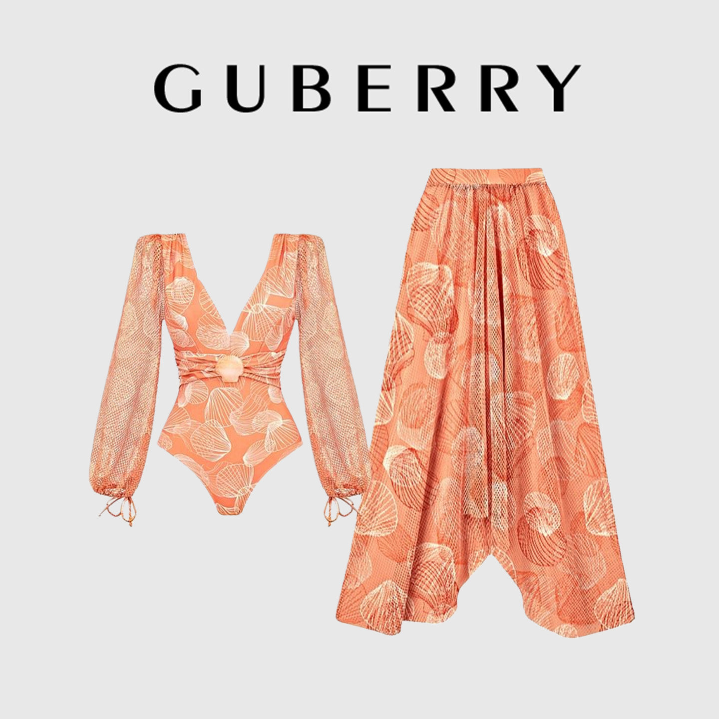 GUBERRY泳装法式复古小众深V性感长袖防晒大码泡温泉度假连体泳衣