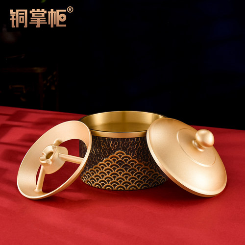 纯黄铜烟灰缸带盖防飞灰铜制烟缸