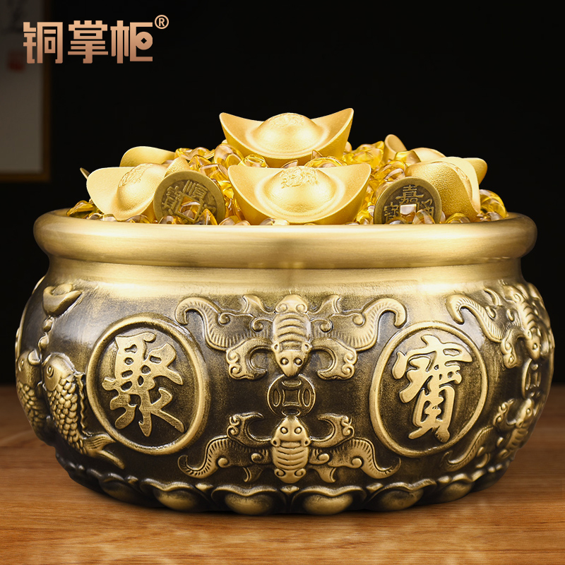 铜聚宝盆摆件家用客厅办公室新年酒柜装饰品黄铜米缸乔迁开业礼品