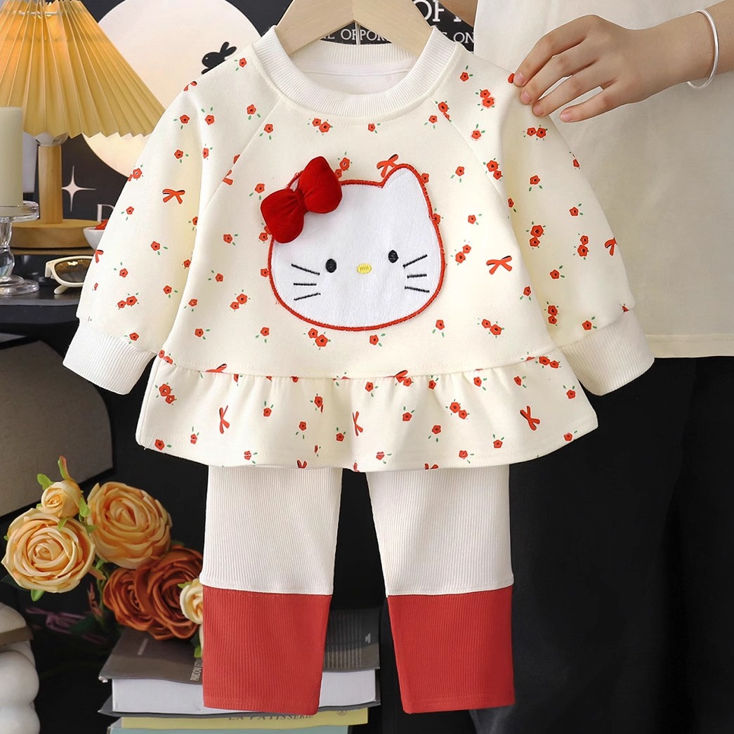 kitty猫碎花裙摆卫衣套装