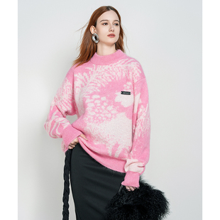 粉色提花圆领套头毛衣女 新款 ANGEL CHEN陈安琪秋季