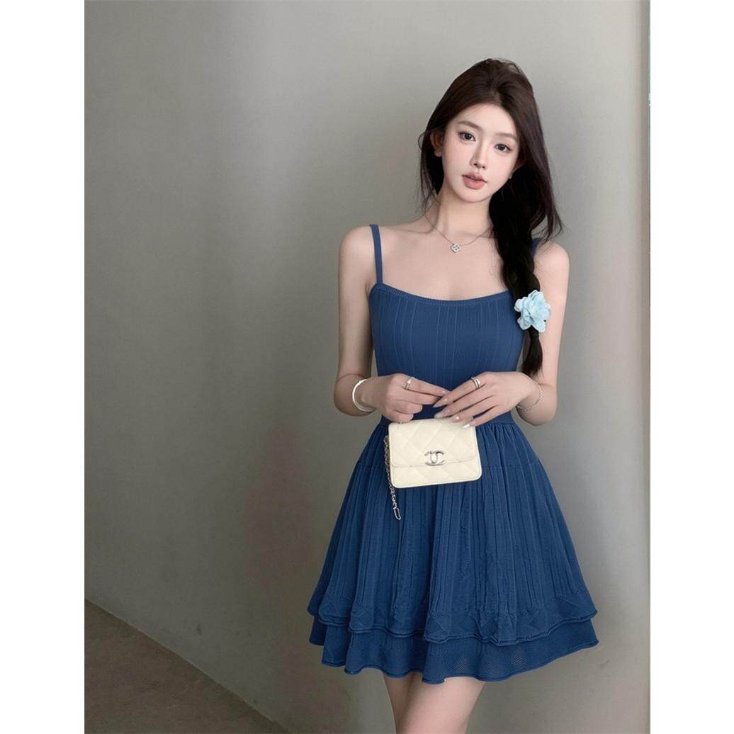 亦可服饰高弹毛织可调节吊带连衣裙女春夏中裙