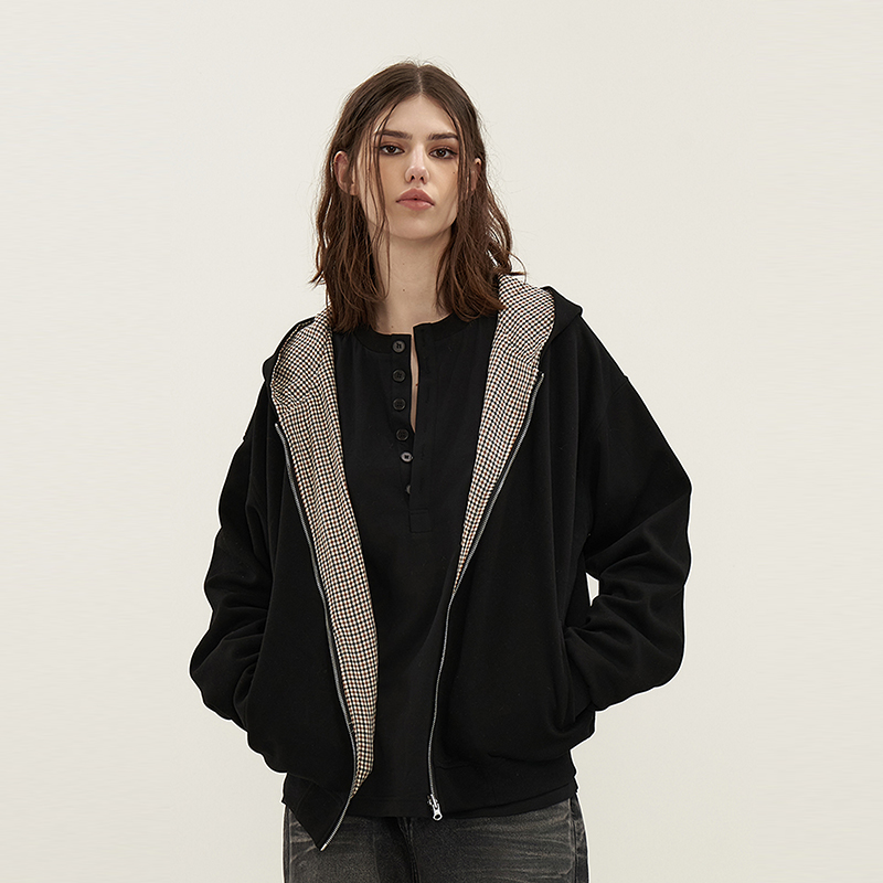 11E 美式双面穿千鸟格短款连帽宽松休闲拉链外套卫衣 男女同款