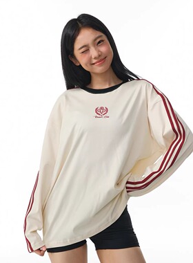 11E “选手”新疆棉男女复古三条杠圆领撞色宽松套头时尚长袖T恤