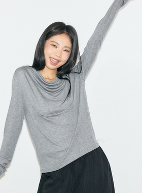 11E 莱赛尔天丝长袖T恤秋季白色宽松舒适堆堆领百搭上衣男女同款