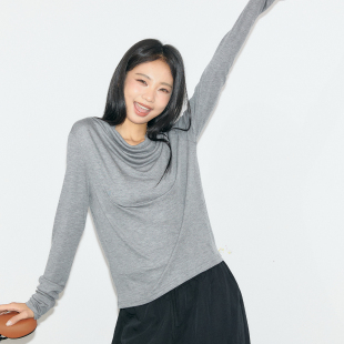 白色宽松舒适堆堆领百搭上衣男女同款 T恤秋季 莱赛尔天丝长袖 11E