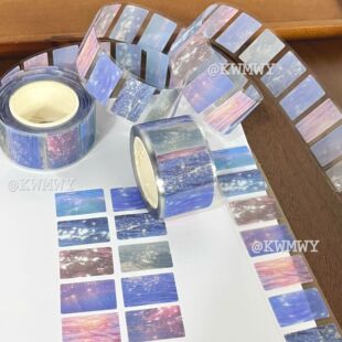 高颜值蓝色星海闪砂标签贴ins手账diy素材高颜值装饰整卷封口贴纸