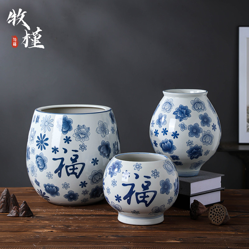 景德镇新中式陶瓷花盆手绘福字青花瓷高档花瓶客厅玄关摆件盆景盆