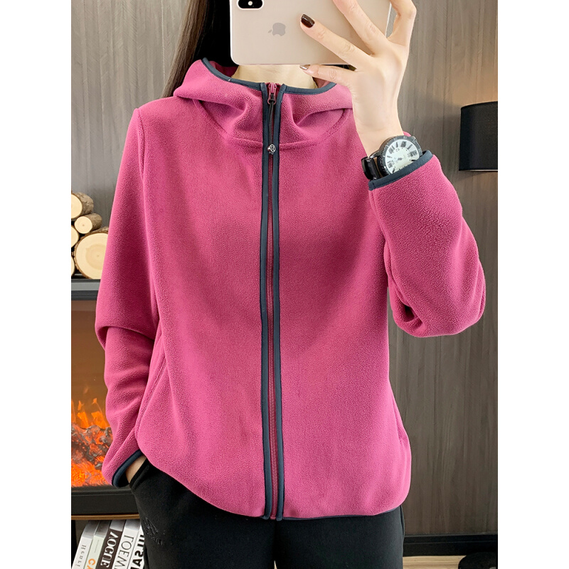 秋冬连帽抓绒衣i女士加厚防风保暖摇粒绒外套徒步运动休闲开衫卫