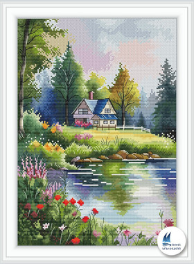 公主绣铺DMC自配十字绣纯棉线精准印花自配231107湖边小房子春天