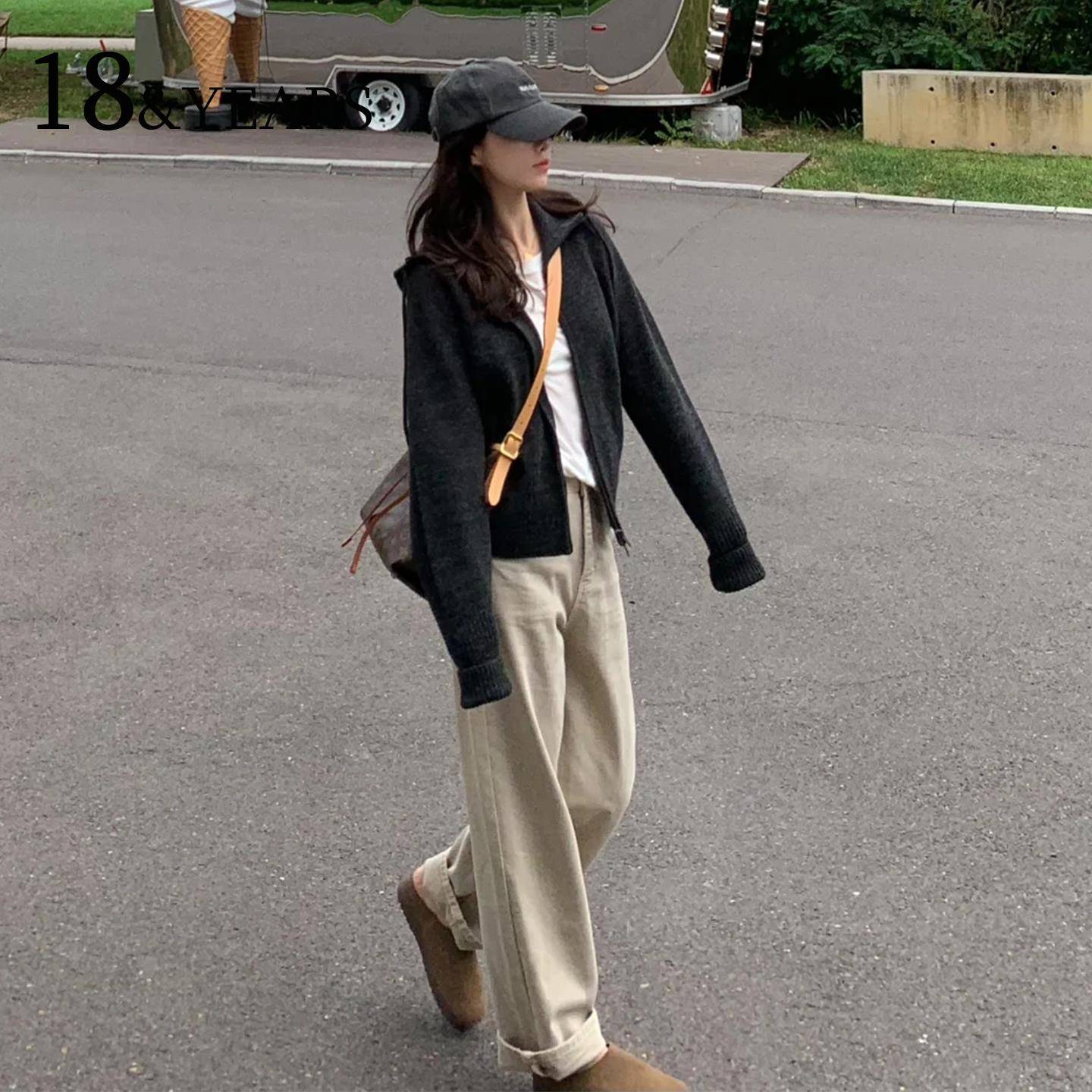 卡其色阔腿牛仔裤女2025秋季新款高腰宽松垂感小个子直筒拖地裤子