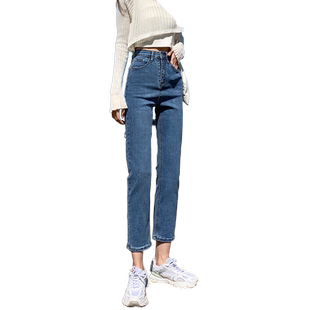 黑色直筒牛仔裤女秋冬保暖2023新款高腰显瘦八分小个子加绒烟管裤