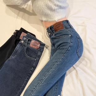 复古高腰小脚牛仔裤女紧身显瘦2025新款秋冬加绒弹力铅笔牛仔裤子