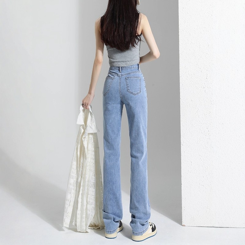 浅蓝色窄版修身显瘦直筒烟管长裤