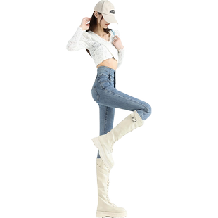 复古超高腰牛仔小脚裤女2025春秋新款弹力收腹提臀修身显瘦铅笔裤