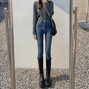 复古高腰铅笔牛仔裤女秋冬加绒新款显瘦紧身辣妹外穿九分小脚裤子