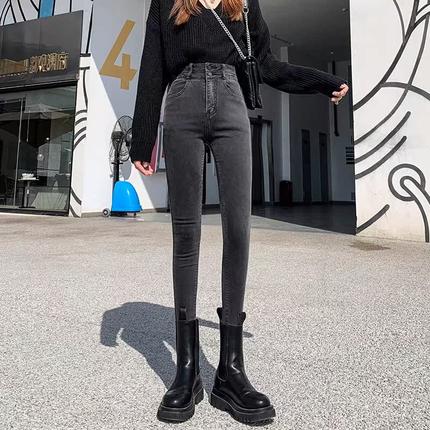 灰色弹力高腰牛仔裤女2024年秋冬新款显瘦紧身保暖加绒小脚铅笔裤