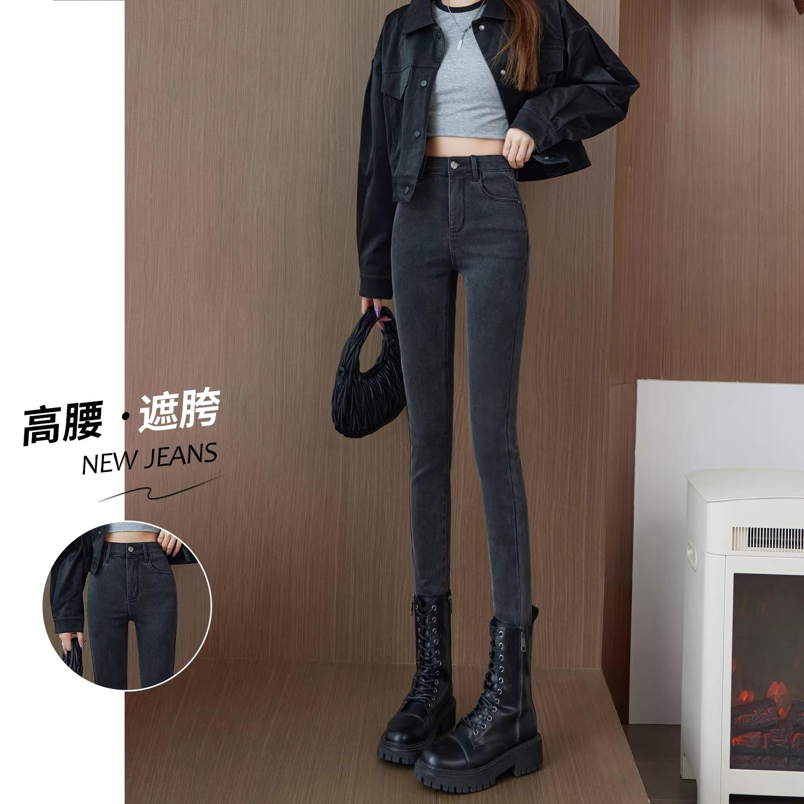 灰色高腰紧身弹力提臀铅笔小脚裤