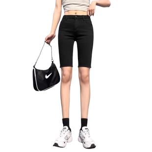 黑色紧身骑行五分裤牛仔短裤女2024夏季新款破洞高腰弹力显瘦中裤