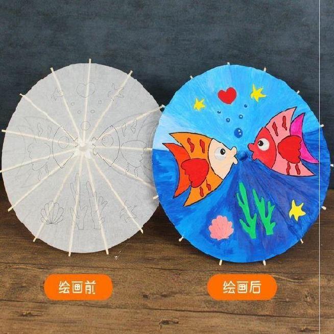 纸伞中国风儿童卡通小直柄商场小童油纸伞装饰儿童画绘画白墙装饰