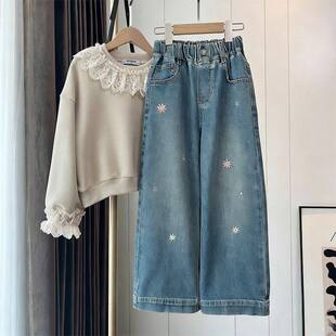 小猪班纳女童牛仔裤中大童洋气宽松阔腿裤春秋款花朵刺绣直筒裤子