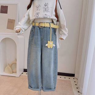 小猪班纳女童牛仔裤春秋季新款洋气阔腿长裤中大童休闲宽松老爹裤
