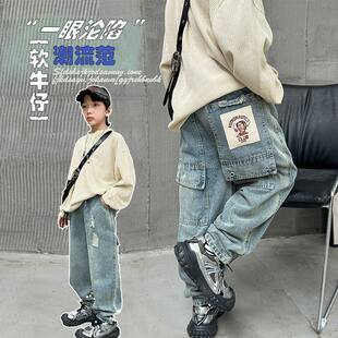 小猪班纳男童牛仔裤韩版宽松中大儿童工装裤春秋季直筒个性长裤