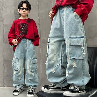 小猪班纳男童牛仔裤百搭韩版宽松破洞工装裤春秋新款中大童阔腿裤