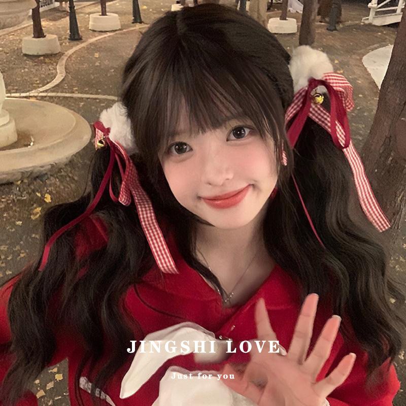 圣诞节新年头饰红色毛绒蝴蝶结发圈女双马尾发饰发绳扎头儿童头绳图片