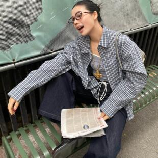 SYMOCOLOR 新款美式覆古蓝格子长袖衬衫通勤休闲 宽松防晒薄款外