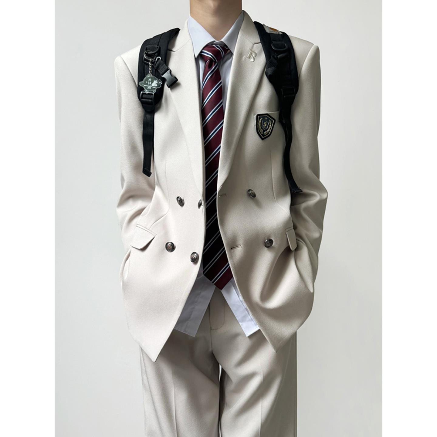 木村叔dk日系校供感米白色西装制服男春秋季青少年双排扣西服套装