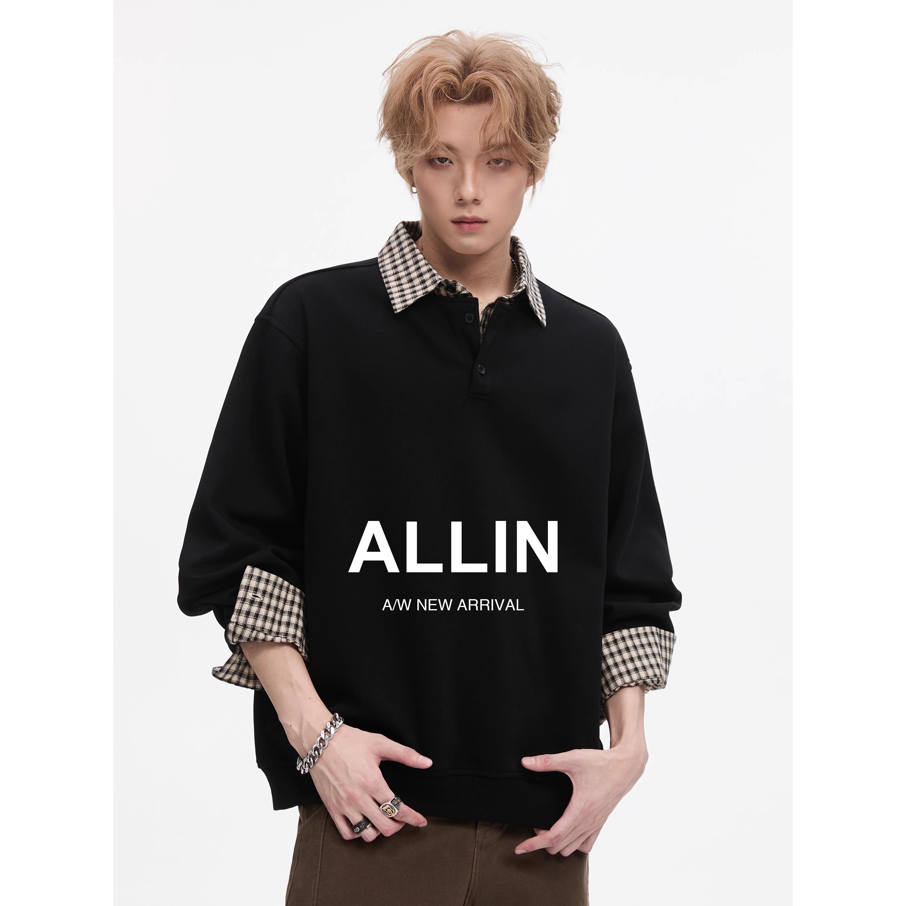 ALLIN 覆古假两件衬衫拼接翻领卫衣男生秋季潮牌宽松情侣休闲外套
