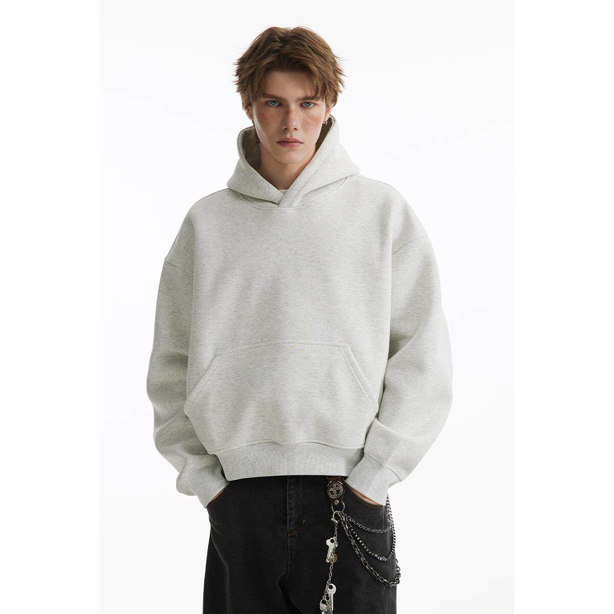 男道重磅500g美式潮牌cleanfit短款连帽卫衣男女春秋纯色套头外套