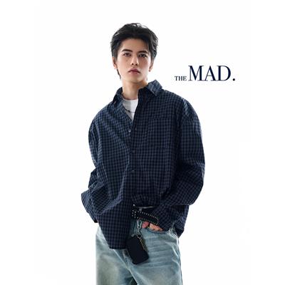 MADWITCH美式通勤蓝色格子衬衫外套男女宽松休闲松弛感情侣衬衣潮