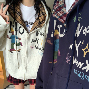 GTGA美式撞色格子连帽开衫卫衣加绒男女2025春季oversize情侣外套