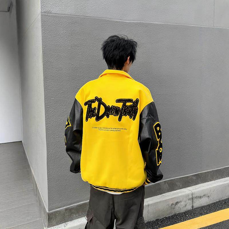 DHSS美式字母重磅刺绣拼色棒球服夹克男女宽松翻领情侣高街外套