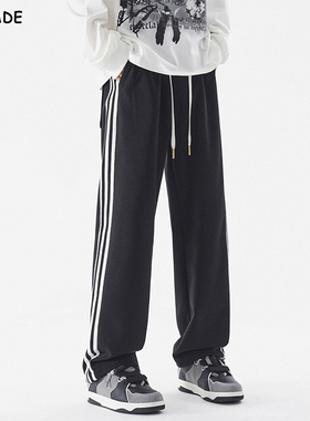 SOLIDSDMADE 秋冬季美式复古三条杠裤子男潮宽松直筒加绒运动卫裤
