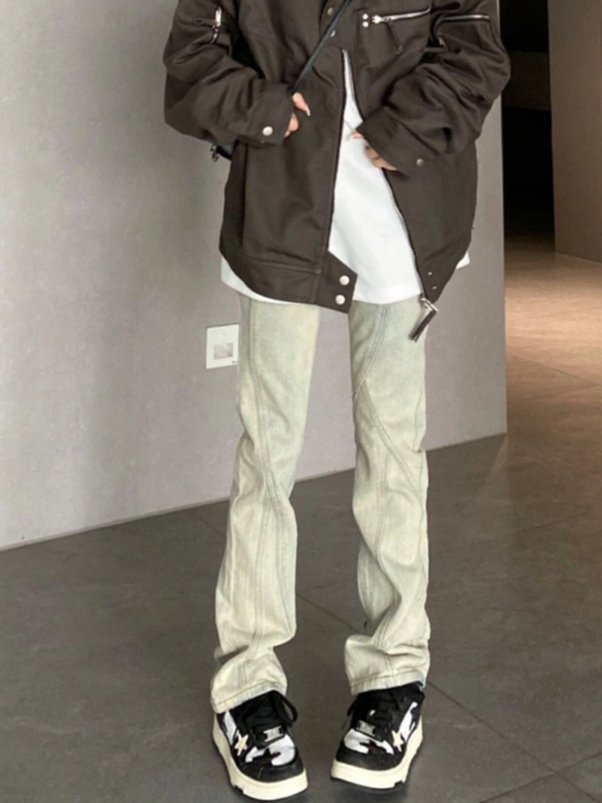 美式复古vibe裤子高街潮牌水洗黄泥染牛仔裤男加绒修身直筒微喇裤