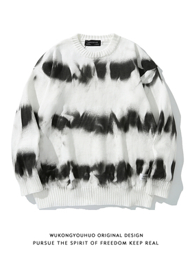 ins欧美嘻哈复古扎染喷绘套头毛衣男潮牌嘻哈bf慵懒风情侣针织衫