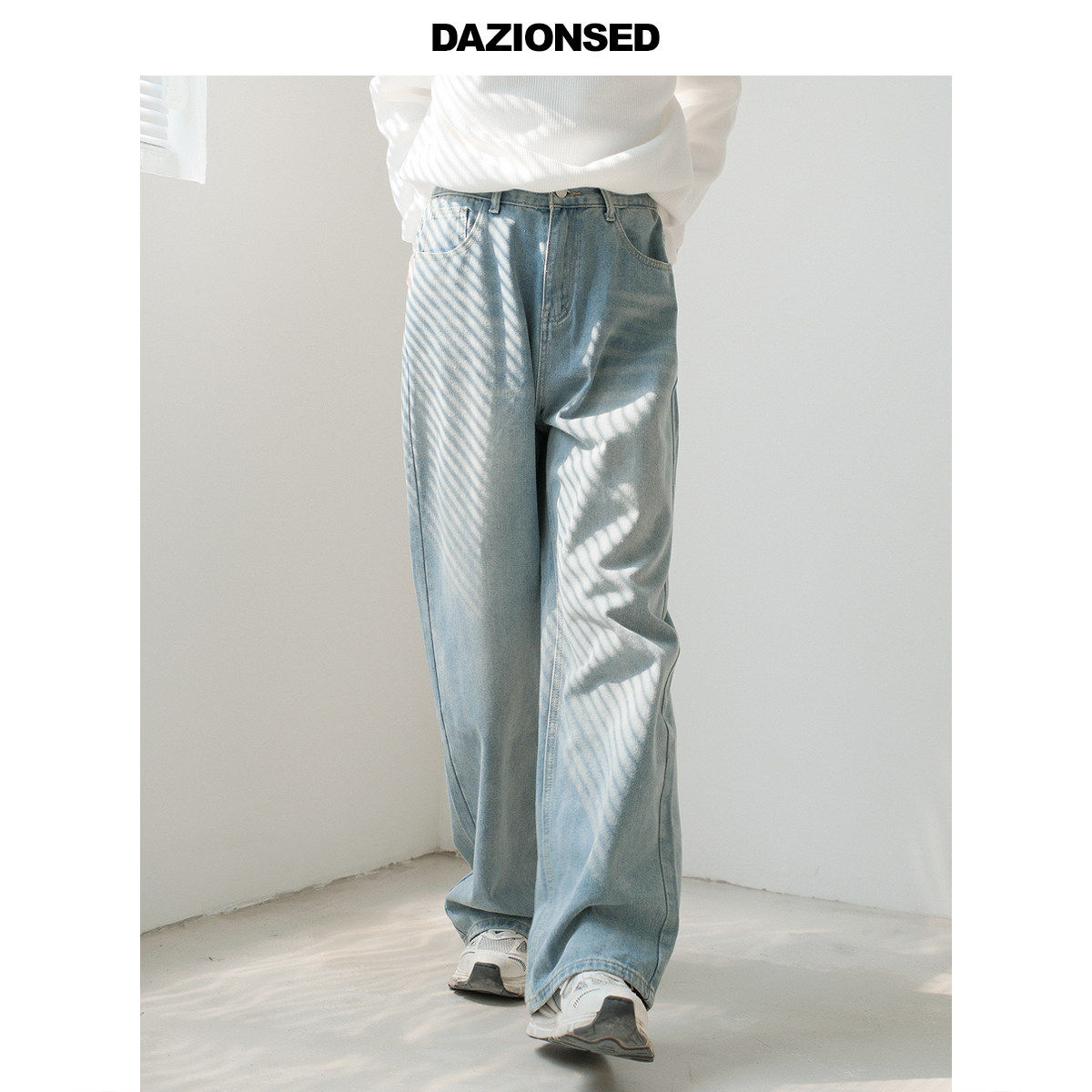 DAZO 半松紧腰牛仔长裤男韩系百搭阔腿裤子直筒宽松水洗休闲裤