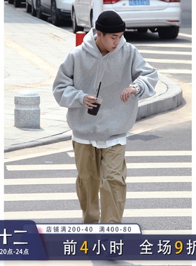 Batterup秋冬新款外套美式宽松纯色oversize灰色连帽卫衣男潮加绒