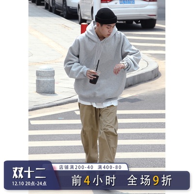 Batterup春秋新款外套美式宽松纯色oversize灰色连帽卫衣男潮加绒