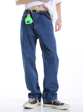 Voguo Relay 原创纯色深蓝水洗基础款牛仔裤韩风男女宽松直筒裤