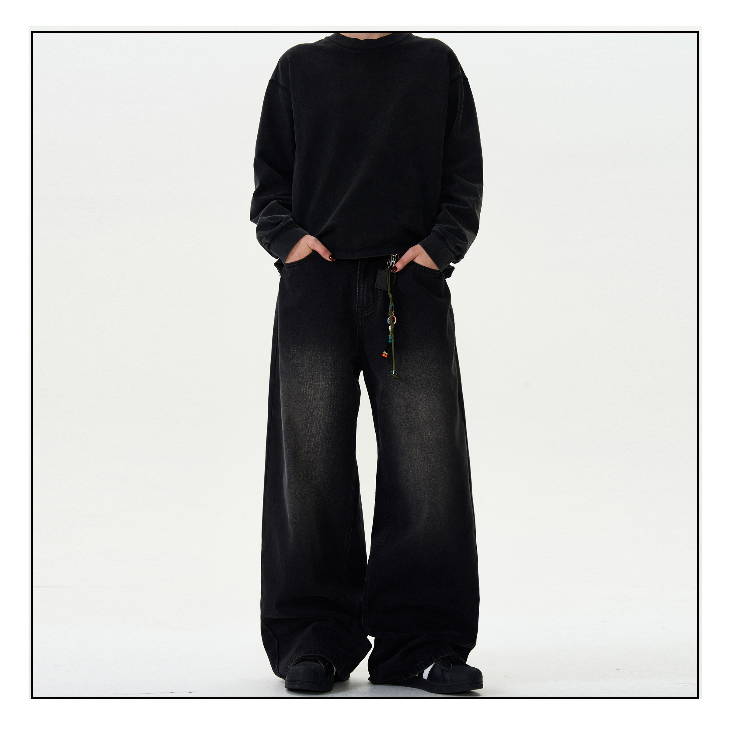 MADWITCH复古水洗bootcut牛仔裤男女宽松休闲阔腿直筒黑色裤子ins