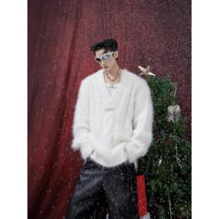 CulturE秋冬重磅仿貂毛V领毛衣男宽松慵懒小众设计感针织衫 上衣潮