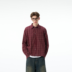 MADWITCH美式复古红色格子衬衫外套男女宽松休闲新款长袖外套上衣